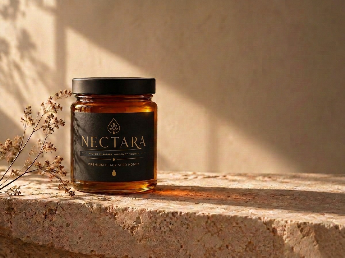 Nectara honey jar in amber glass with a matte black lid, resting on warm stone in soft light
